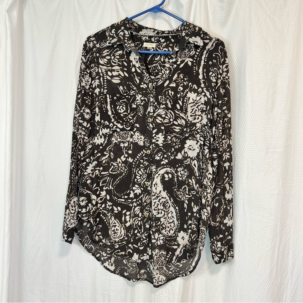 Anthropologie Pilcro Brown and beige button up Blouse, size XS, light and airy